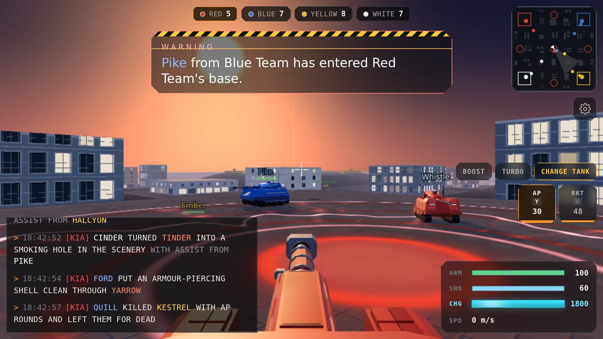 The driver's view at dusk: your own gun barrel in the foreground, a blue tank and a red one ahead on a charging station, a warning across the top, and the instruments round the edge of the screen.