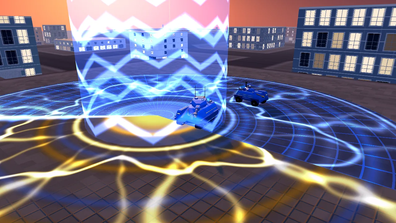Two blue tanks on a charging station that is turning from yellow to blue around them, with a column of blue light rising from its middle.